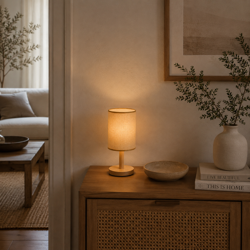 Nowoczesna minimalistyczna lampa stołowa z tkaniny