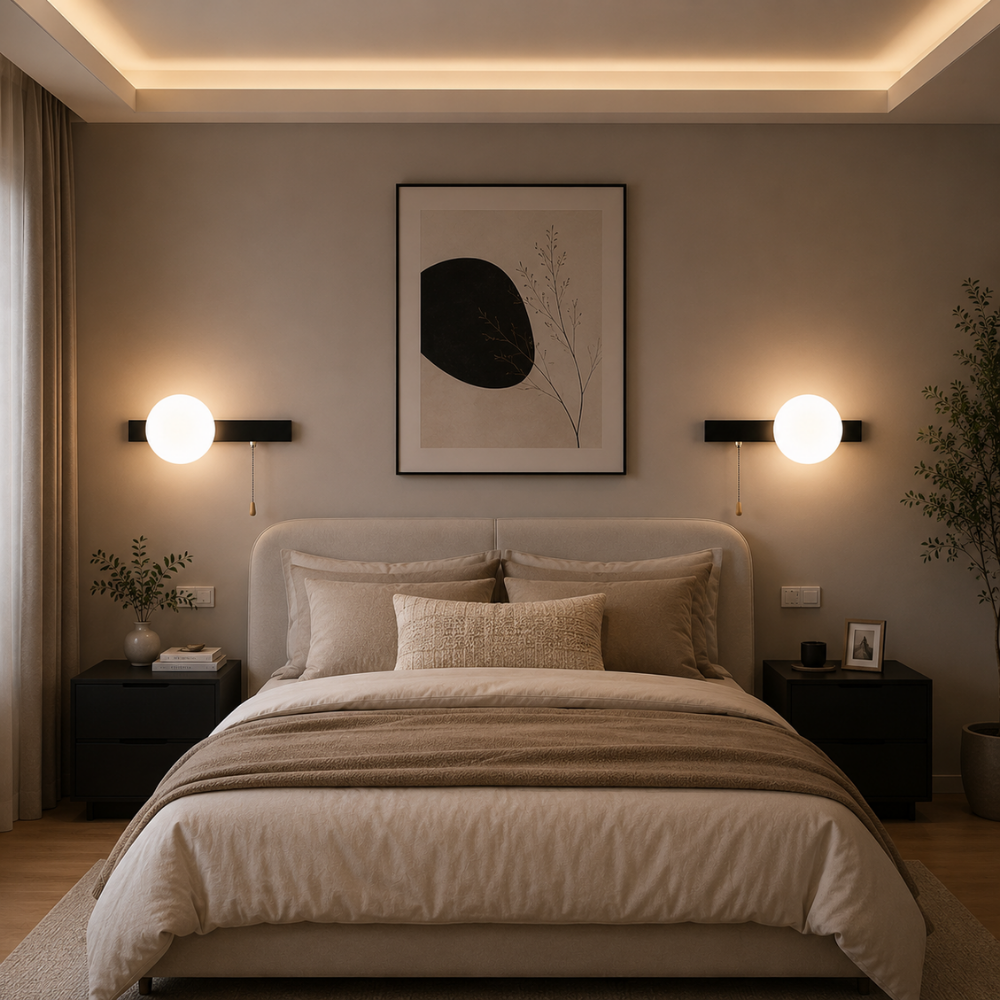 Nowoczesna minimalistyczna kinkietowa lampa kulista z przełącznikiem pociągowym