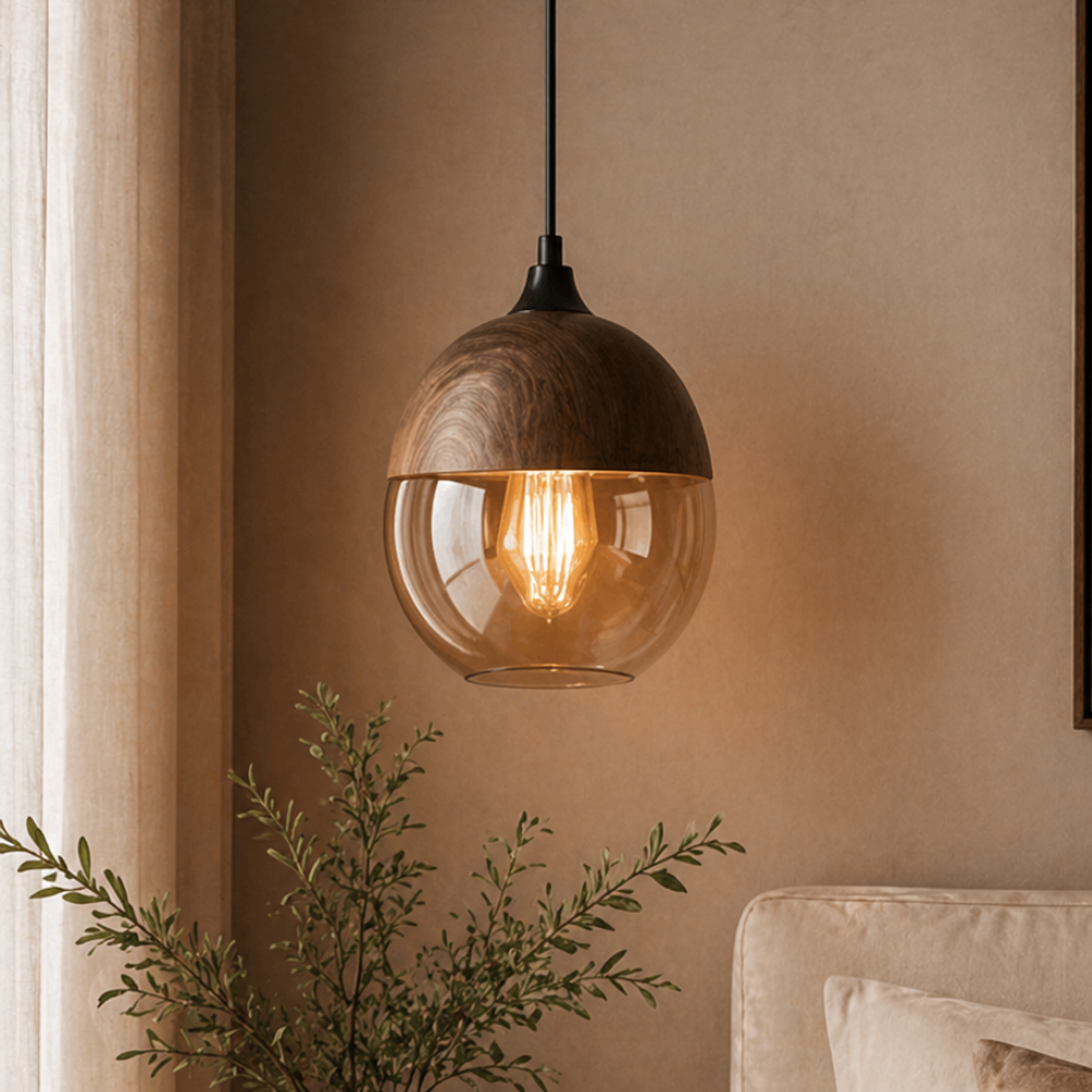 Lampa wisząca z drewna i szkła w stylu skandynawskim