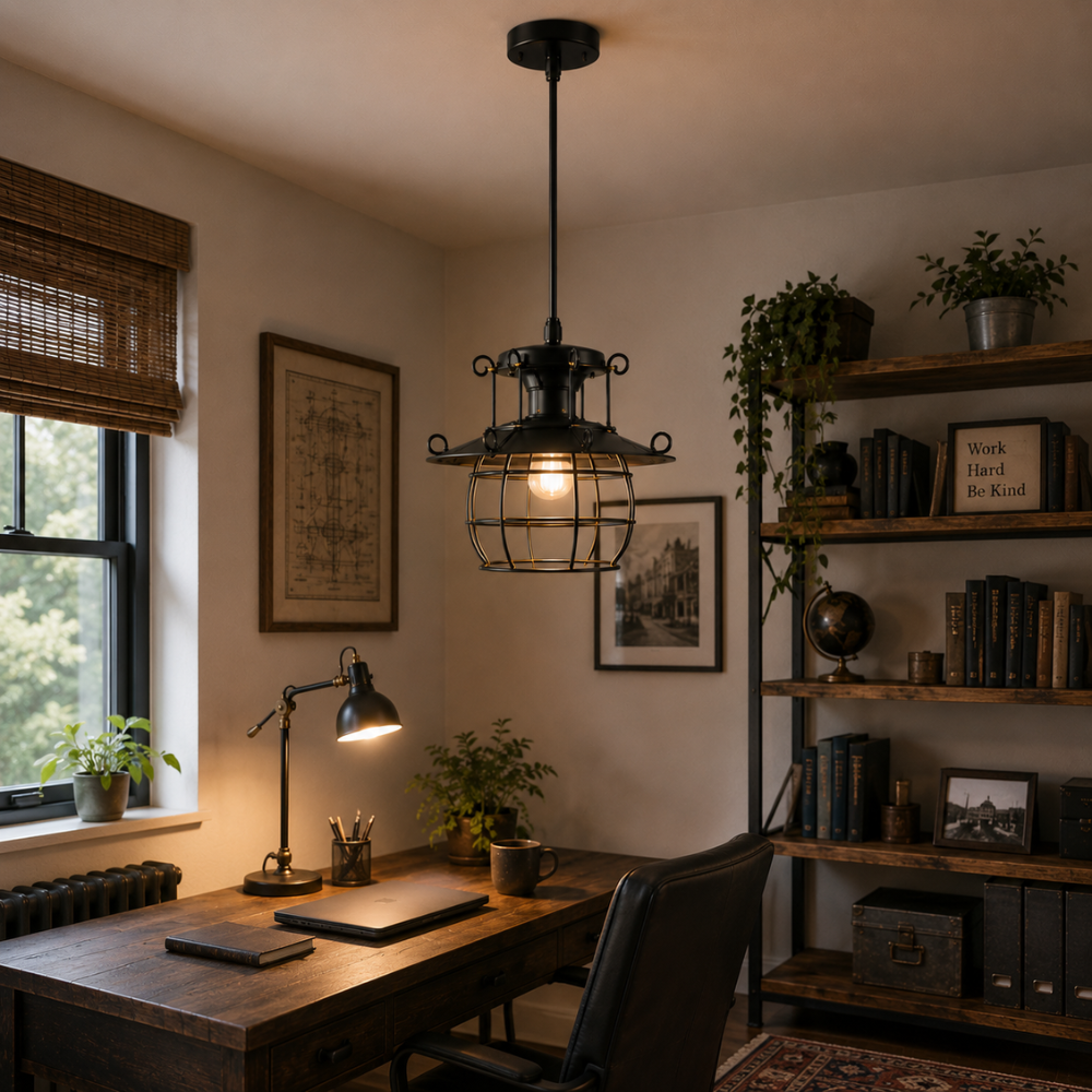 Przemysłowa lampa wisząca w stylu retro z otwartą ramą