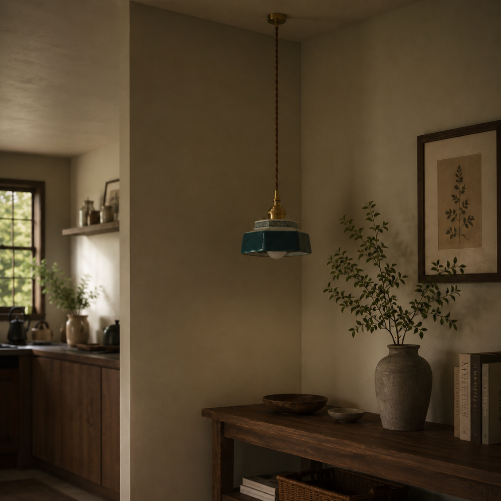 Retro ceramiczna lampa wisząca z miedzianymi akcentami