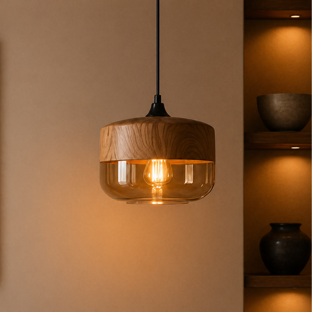 Lampa wisząca z drewna i szkła w stylu skandynawskim