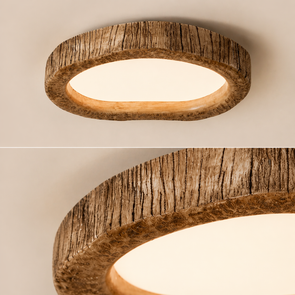 Rzeźbiona drewniana lampa sufitowa LED – trójkolorowe, regulowane oświetlenie