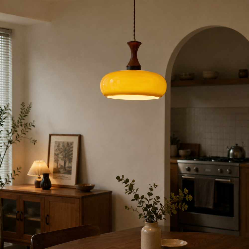 Nowoczesna drewniana lampa sufitowa z bursztynowym kloszem