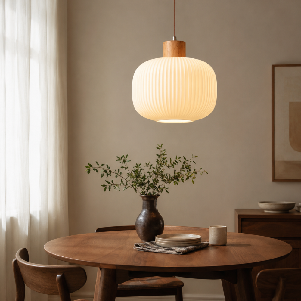 Minimalistyczna lampa wisząca o delikatnym blasku