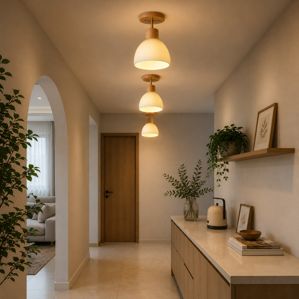 Lampa sufitowa z nordyckiego drewna i szklanych pasków