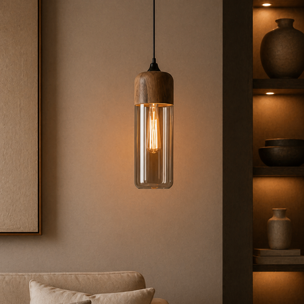 Lampa wisząca z drewna i szkła w stylu skandynawskim