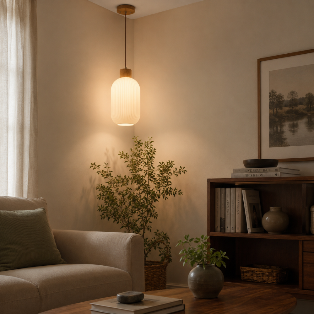 Minimalistyczna lampa wisząca o delikatnym blasku