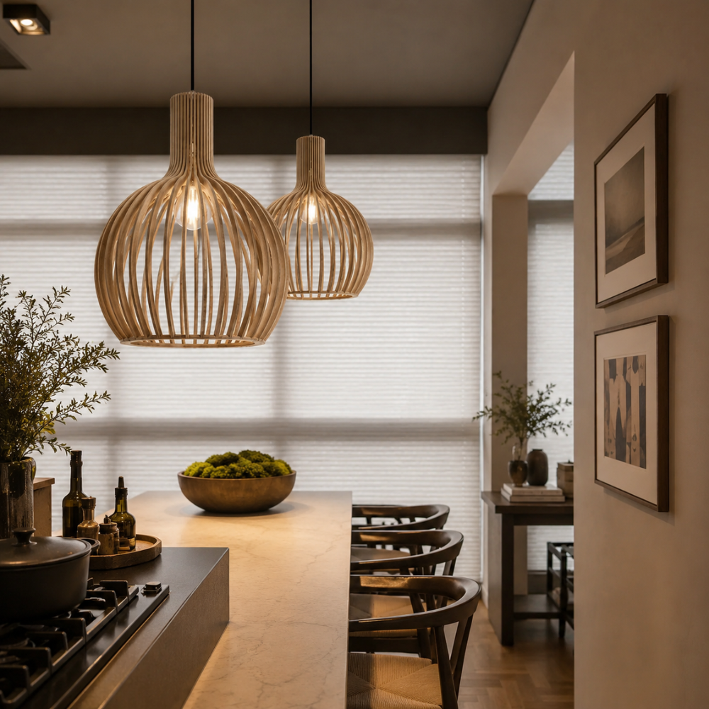 Elegancka drewniana lampa wisząca z listwami