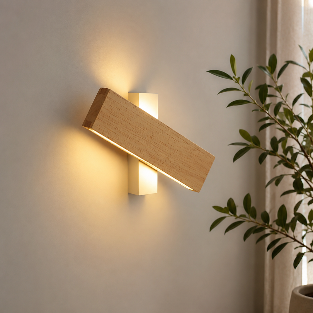 Obrotowa drewniana lampa ścienna góra dół