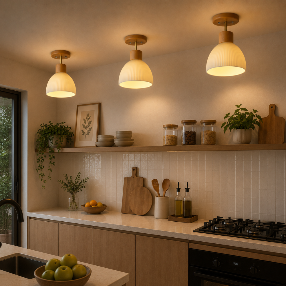 Lampa sufitowa z nordyckiego drewna i szklanych pasków