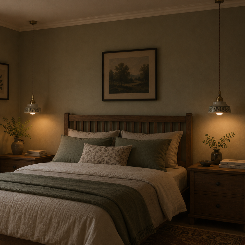Retro ceramiczna lampa wisząca z miedzianymi akcentami