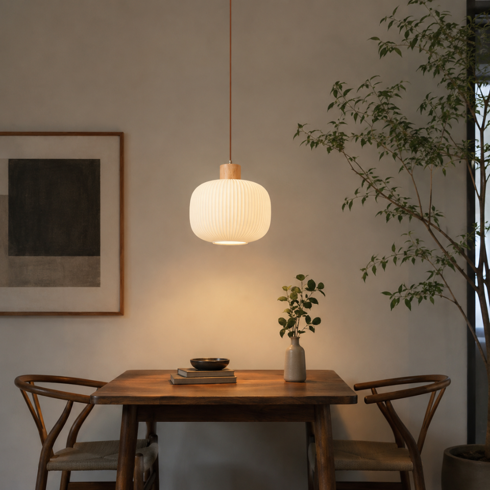 Minimalistyczna lampa wisząca o delikatnym blasku