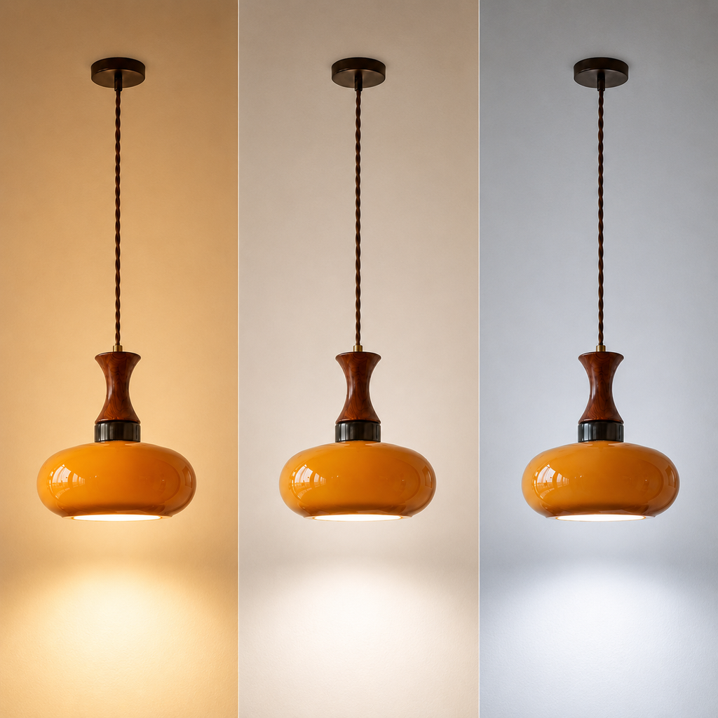 Nowoczesna drewniana lampa sufitowa z bursztynowym kloszem