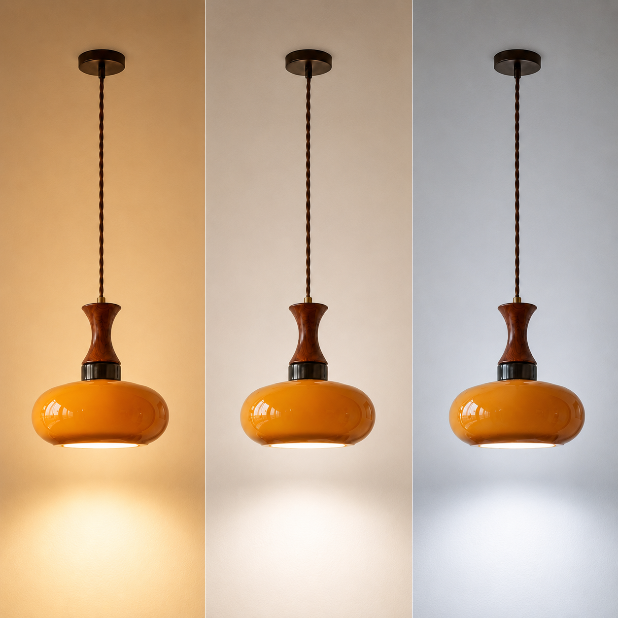 Nowoczesna drewniana lampa sufitowa z bursztynowym kloszem
